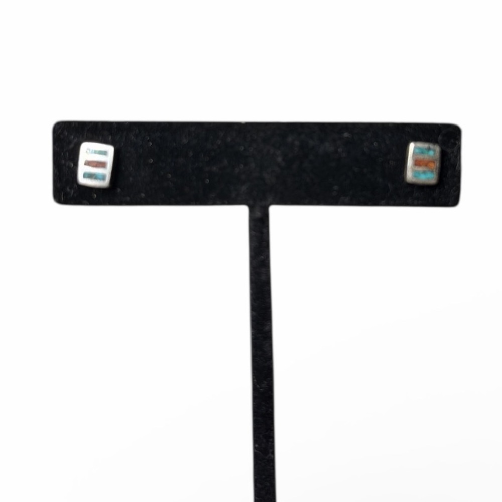 Blue and red turquoise Silver Stud Earrings